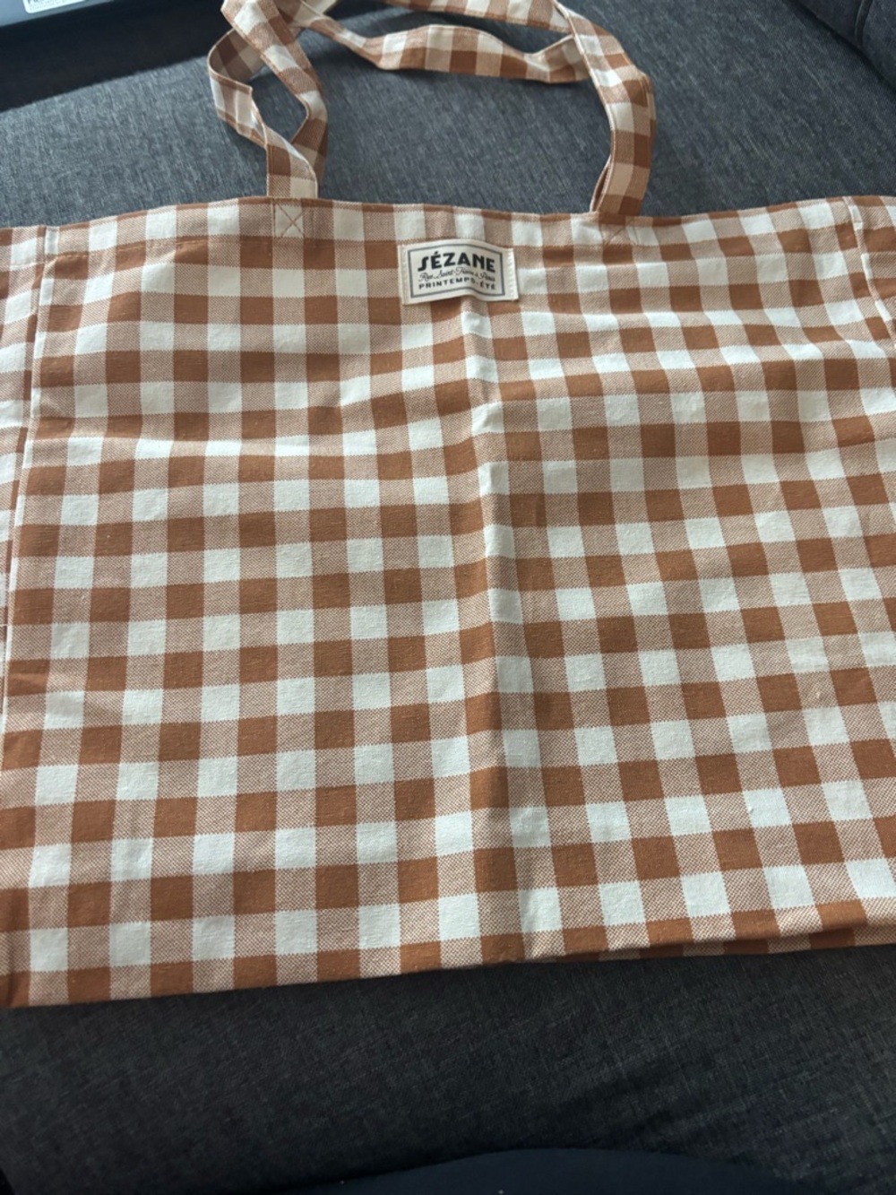 Sézane Brown and White Gingham Tote Bag